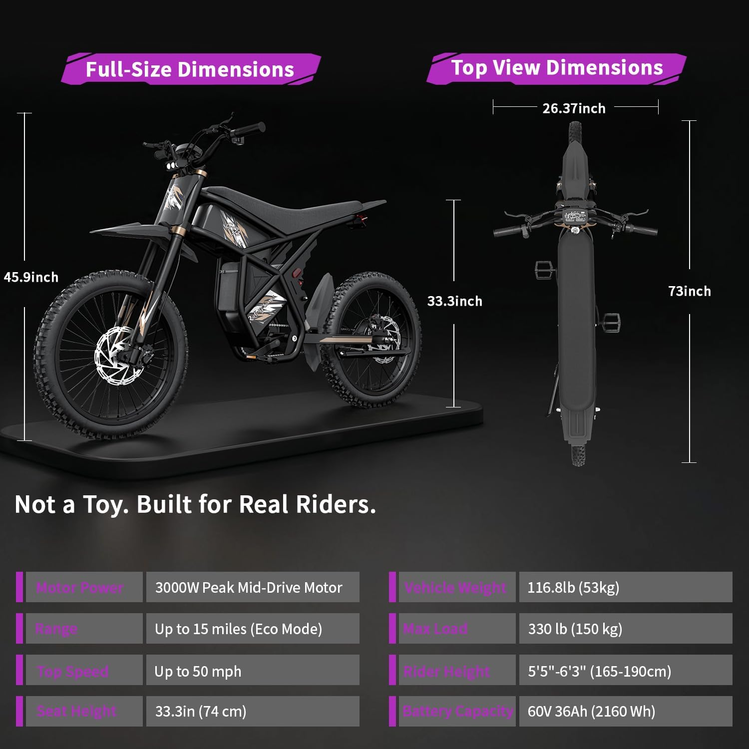 Bootime GT73 PRO/ GT73 Electric Dirt Bike for Adults Teens - 3000W/ 2500W Motor 50/37 MPH High-Speed, 25' Fat Tires & Dual Removable Battery(60V/48V) | All-Terrain Off-Road eBike for Snow, Sand