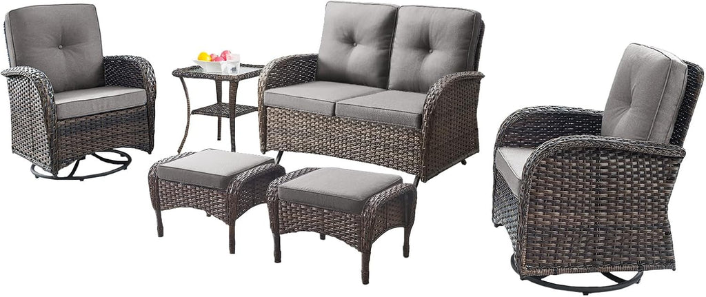 Belord 6 Piece Patio Conversation Sets - Wicker Patio Furniture Sets with Outdoor Swivel Rocker Chairs, Glider Loveseat Perfect for Patio Deck Backyard, Brown Wicker Grey Cushion