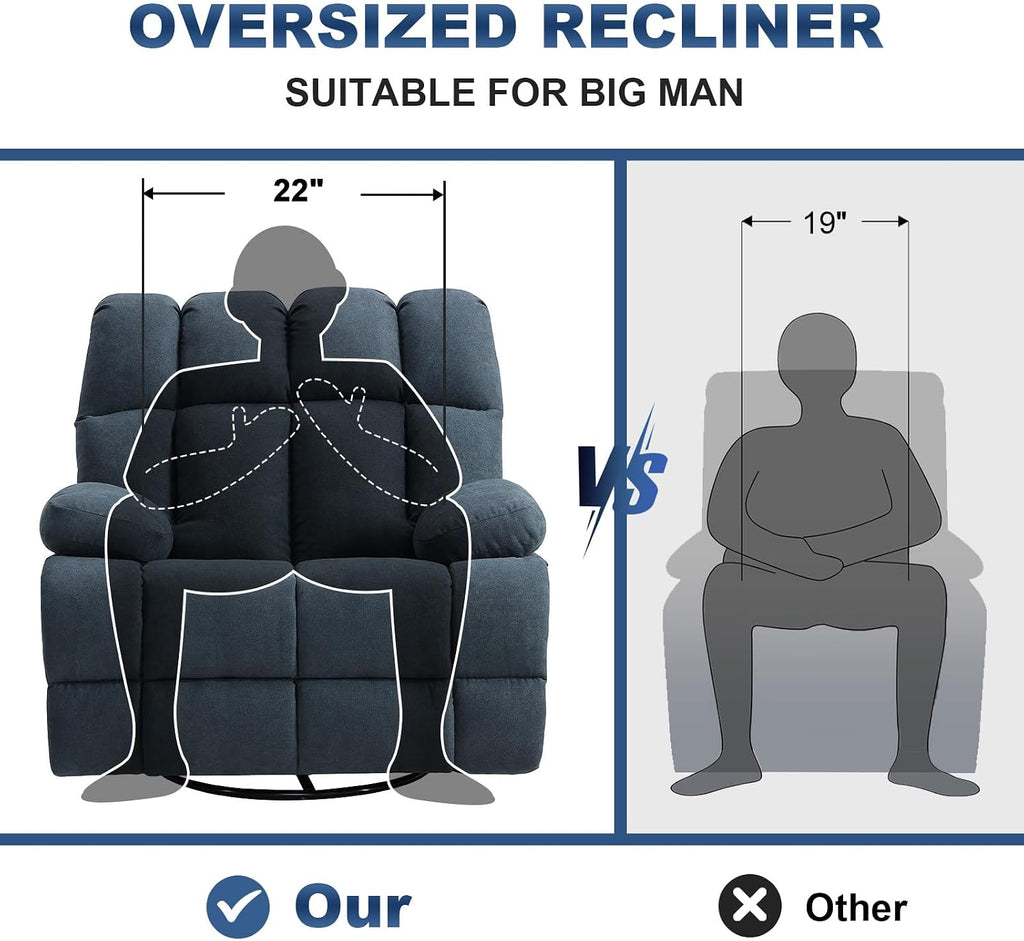 Eiayeebil Oversized Recliner Chair, 360° Swivel Rocker Recliner for Big Man, Extra Wide Manual Recliner, Overstuffed Soft Rocking Sofa Chair, Overstuffed Soft Rocking Sofa Chair for Living Room(Grey)