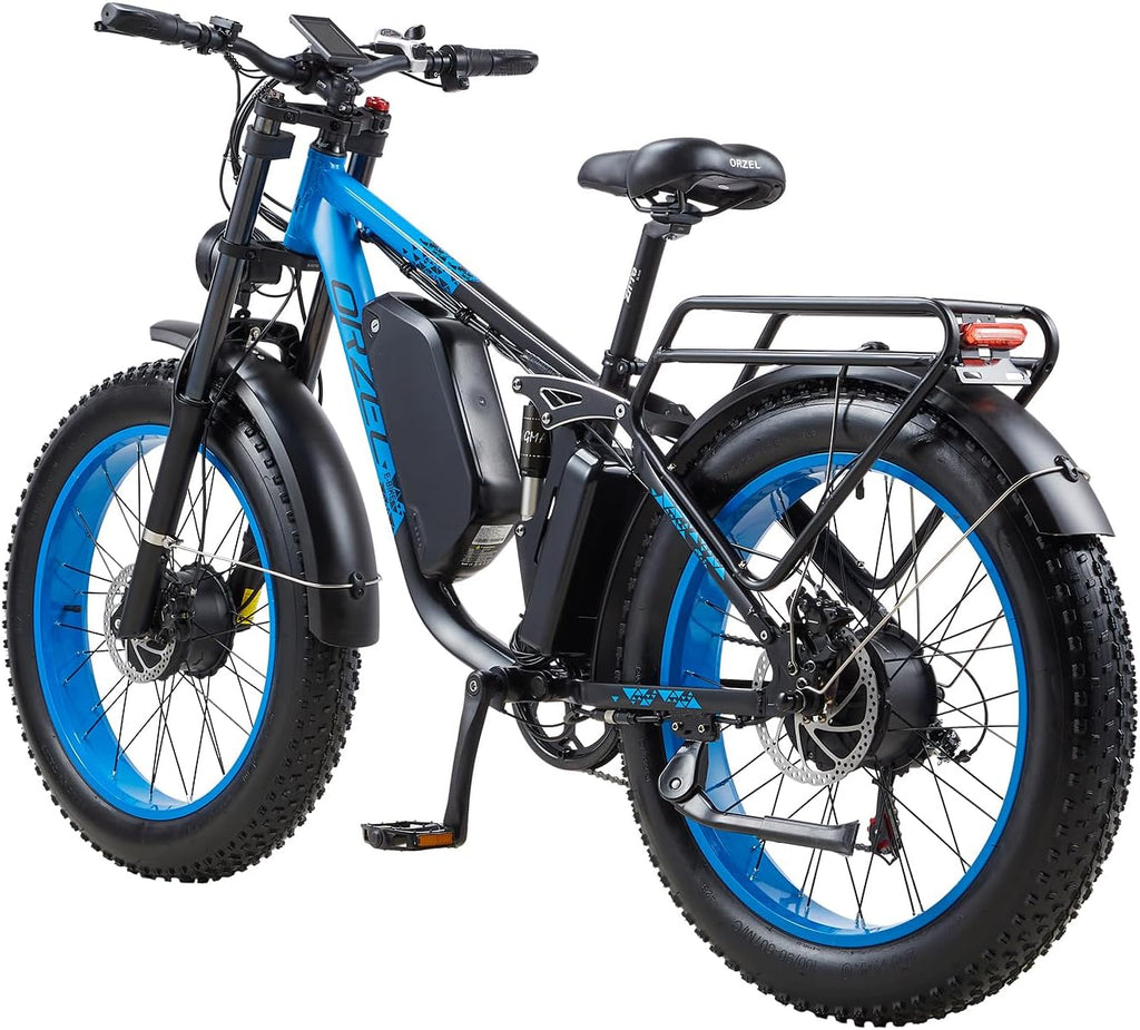 Peak 3000W Dual Motor Ebike for Adults, 48V 25AH Long Range Electric Mountain Bike, 30-34MPH Step-Thru Unlocked Electric Bike, 24'Fat Tires & Full Suspension,Conquer Mountains, Snow, Sand & Roads,Blue