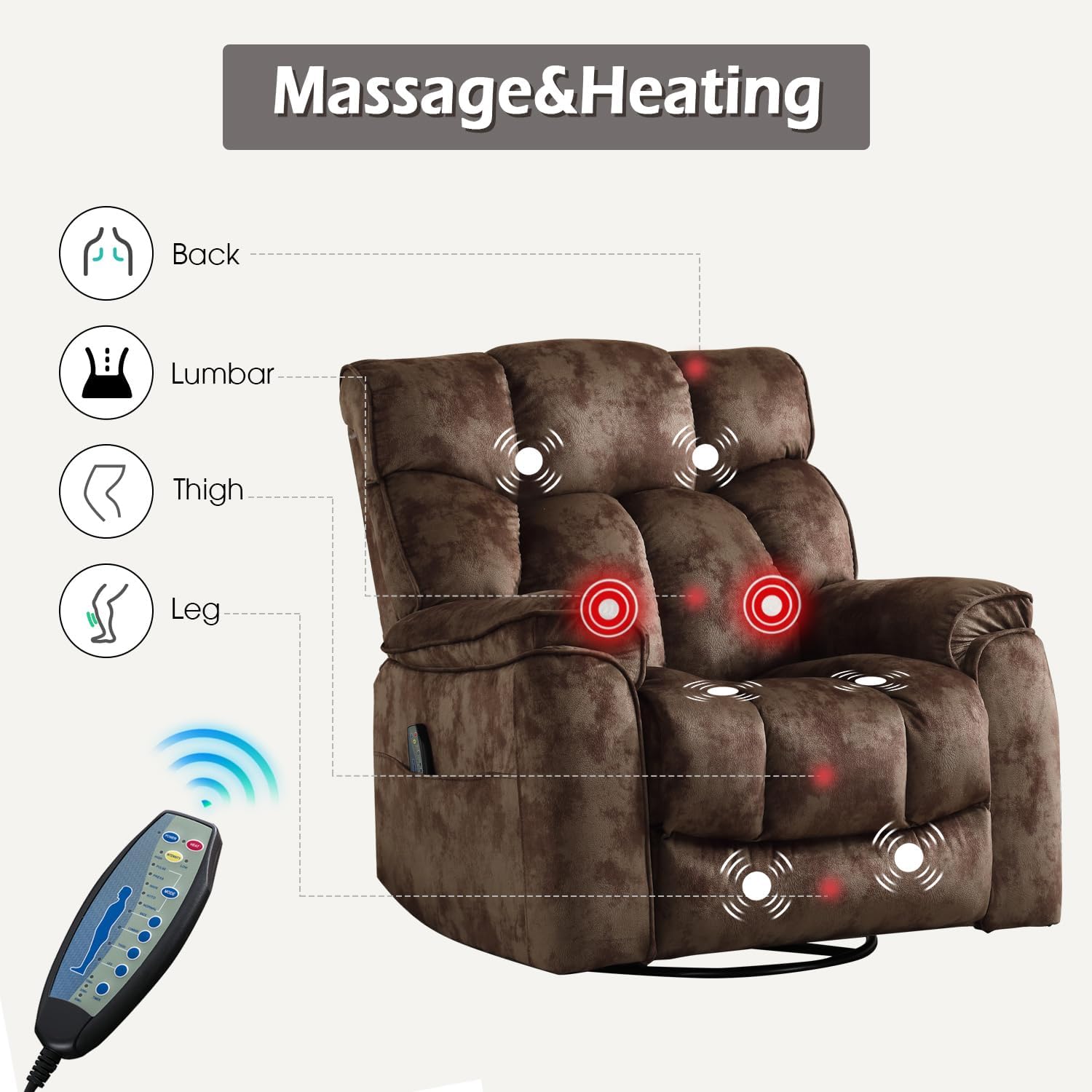 INZOY Oversized Rocker Recliner with Heat and Vibration, Manual Swivel Rocking Chair with Vibrating Massage, Comfy Padded Overstuffed Soft Fabric Heated Recliner, Brown