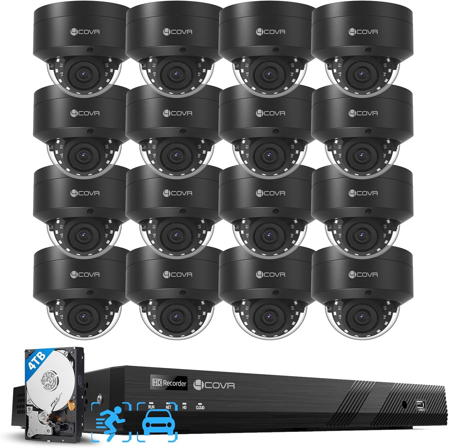 4COVR PoE 4K 16 Channel Security Camera System for Business, Human Vehicle Detection, 16x 8MP IK10 Vandal-Proof IP67 Dome Commercial IP Camera Night Vision, 16CH NVR 4TB, 24/7 Recording, LY54AB8M1616