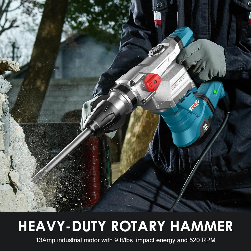 ENEACRO SDS-Max Heavy-Duty Rotary Hammer Drill 9 Ft.lbs, 3 Functions with Safety Clutch & Vibration Control 1-9/16' Drilling Capacity in Concrete– Includes Chisel, Drill Bit, and Tool Bag