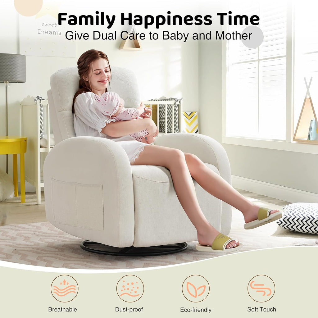 Swivel Recliner Rocker Nursery, Chenille Nursering Glider Recliner, Manual Swivel Rocking Reclining with Double Pockets for Living Room, Cream White