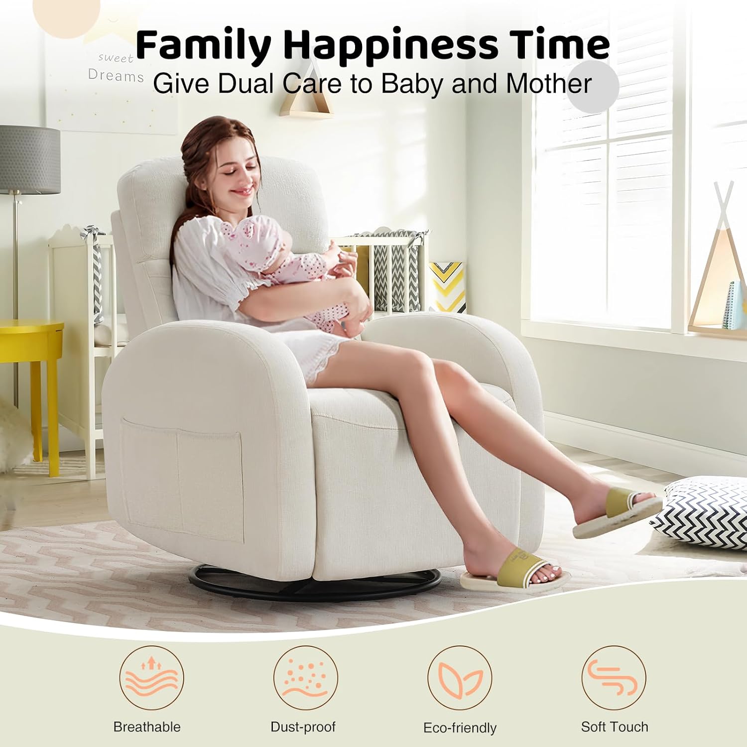 Swivel Recliner Rocker Nursery, Chenille Nursering Glider Recliner, Manual Swivel Rocking Reclining with Double Pockets for Living Room, Cream White