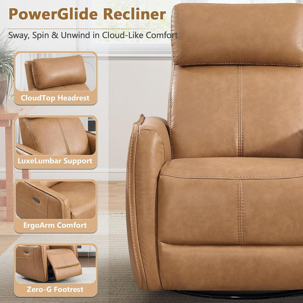 ANJ Power Recliner Chair with USB Port, 150° Reclining Swivel Glider, Faux Leather, Cognac Brown, 350 lbs Capacity