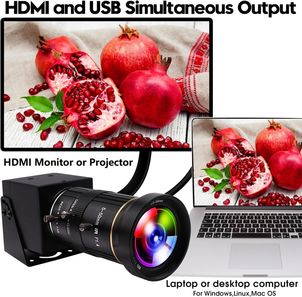 ELP 4K USB HDMI USB Camera Manual Zoom Webcam Variable Focus PC Camera Mini Close-up Camera for Computer H.264 Telescope USB Security Camera 8mp IMX415 Industrial CCTV Camera (5-50mm 10X Zoom Lens)