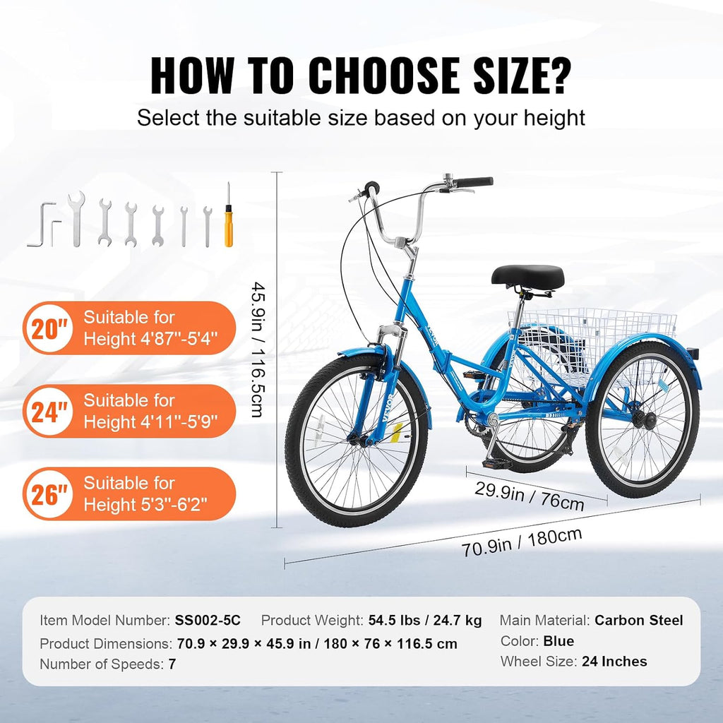 VEVOR Folding Adult Tricycle,Adult Folding Trikes, 3 Wheel Cruiser Bike with Large Basket & Adjustable Seat, Shopping Picnic Foldable Tricycles for Women, Men, Seniors