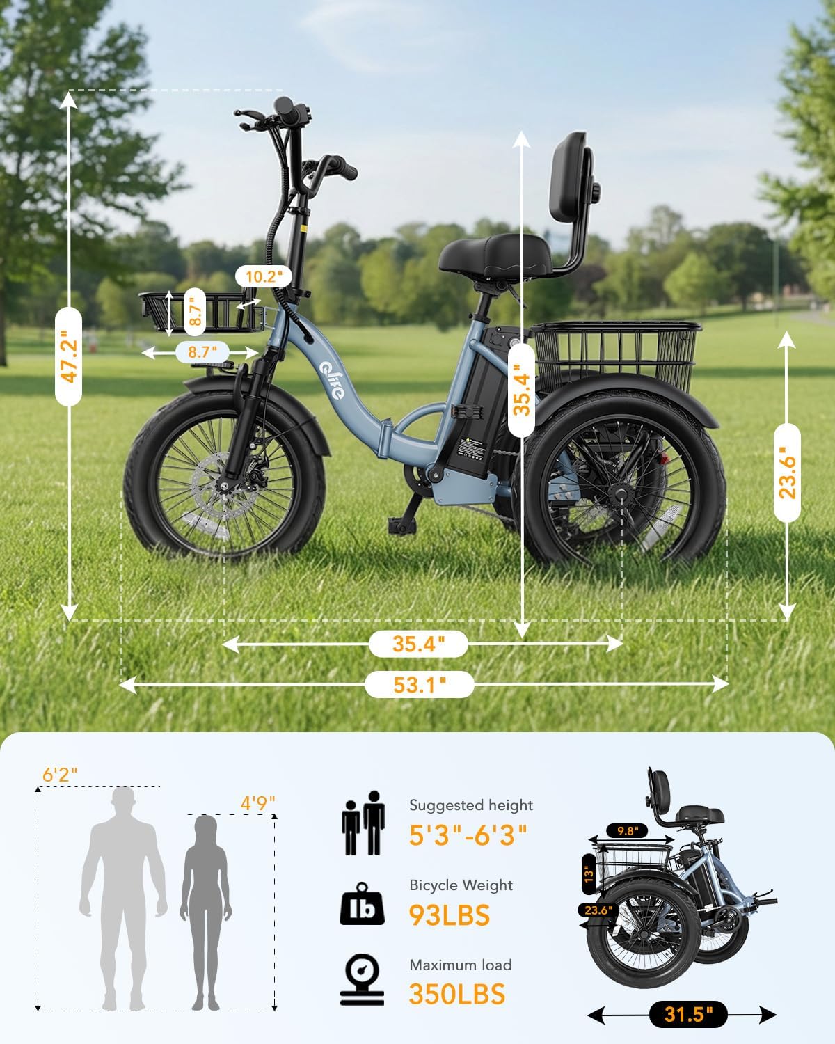 Qlife Triker Electric Bike, Peak 1200W Brushless Motor Folding Trike Ebike, 499Wh Removable Battery, Step-Thru 3 Wheel Electric Bicycle, Up to 55 Miles, 18 Tire Tricycle for Adults