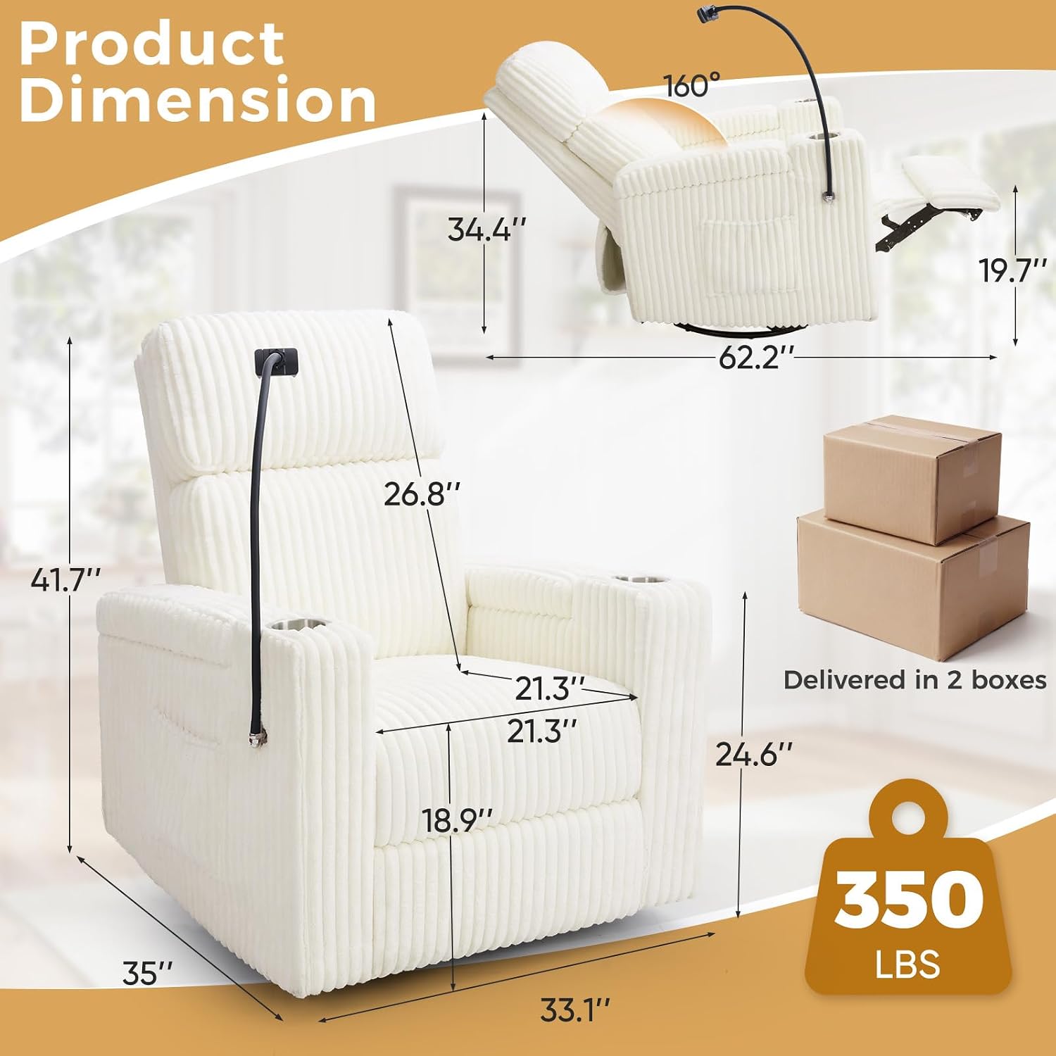 Power Recliner Chair Swivel Glider Rocking Chair Nursery Skin-Friendly Electirc Rocker Nursery Chair with Phone Holder, Hidden Storage, USB Charging, Corduroy Beige