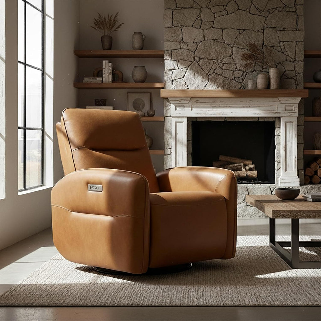 CHITA Faux Leather Power Recliner Chair, Swivel Glider Recliner for Adults, Nursery Rocking Chair with USB & Type-C Charging for Living Room, Bedroom, Camel