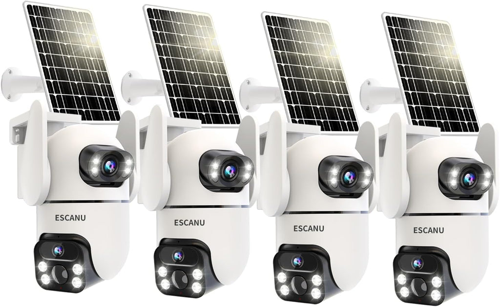 Security Cameras Wireless Outdoor with Dual Lens,Solar Cameras for Home Security with 360° View Pan/Tilt,Night Vision,Waterproof,PIR Alarm,2-Way Audio,SD/Cloud Storage,No Month Fee,2.4GHz WiFi(4 Pack)