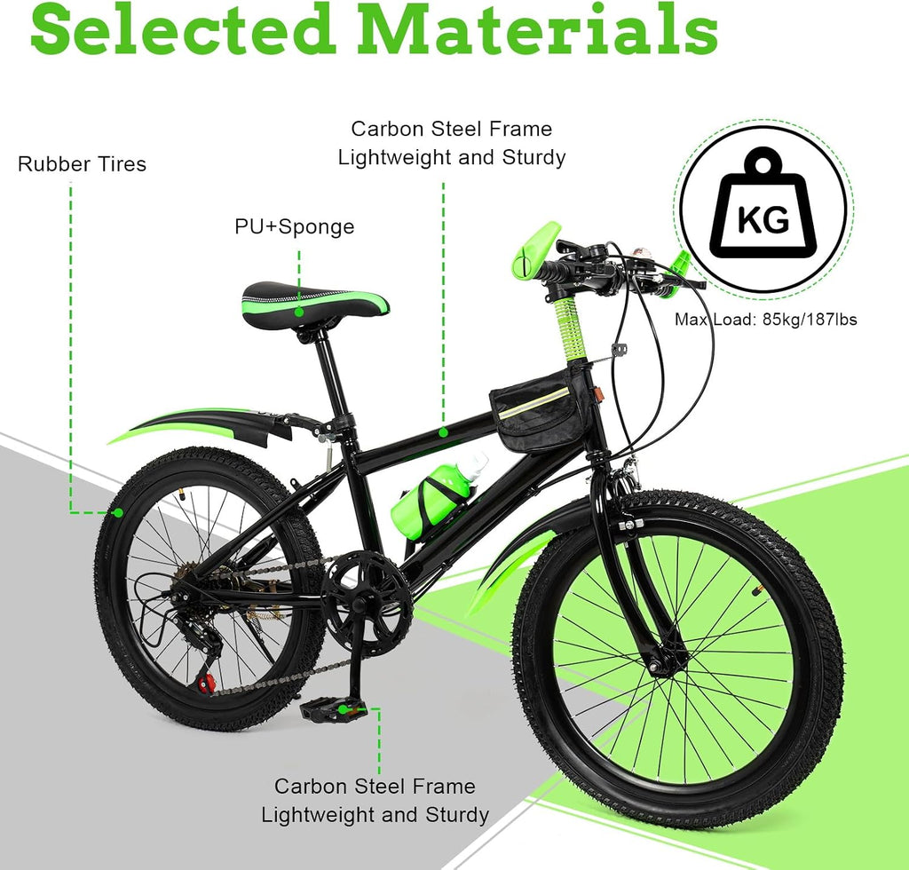 20 Inch Kids Mountain Bike - 7-Speed Children's Bike w/Dual Disc Brakes - Heavy Duty Steel Frame for Boys & Girls Age 8-12 - Trail/City Riding (Green)