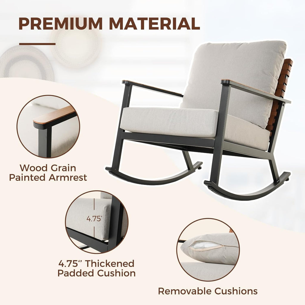 Grand patio Outdoor Rocking Chairs, 5-Piece Leather-Look Patio Bistro Set Outdoor Furniture Conversation Sets with Loveseat, 2 Rocking Chairs and 2 Faux Wood Grain Coffee Table, 4.75'' Grey Cushions