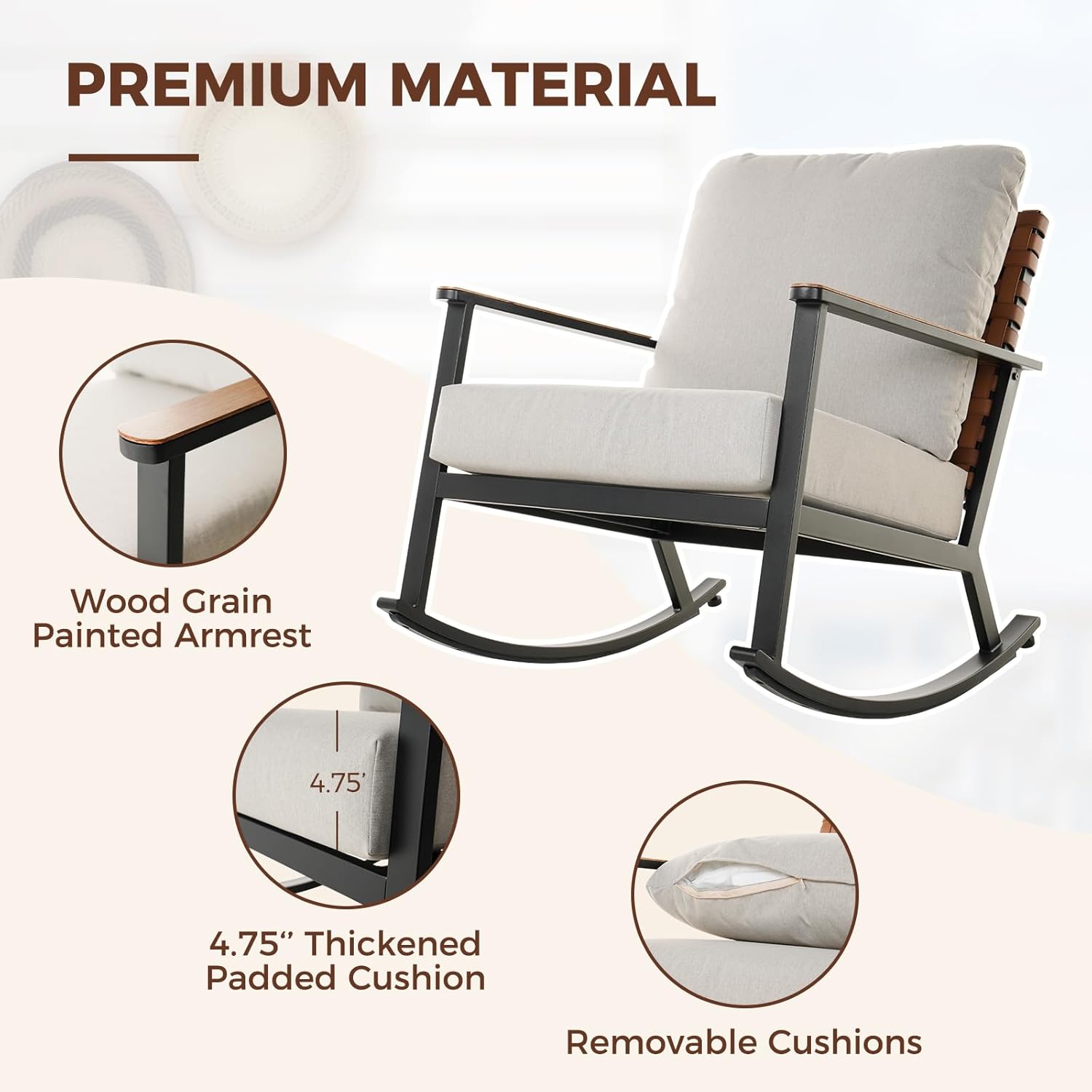Grand patio Outdoor Rocking Chairs, 5-Piece Leather-Look Patio Bistro Set Outdoor Furniture Conversation Sets with Loveseat, 2 Rocking Chairs and 2 Faux Wood Grain Coffee Table, 4.75'' Grey Cushions