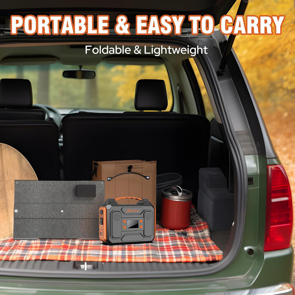Portable Solar Power Station with Foldable Solar Panel 60W, 300W 110V AC Outlet Portable Solar Power Pack Generator with Panels, Camping 65W Power Bank with DC for Laptop Smart Device RV Outdoor