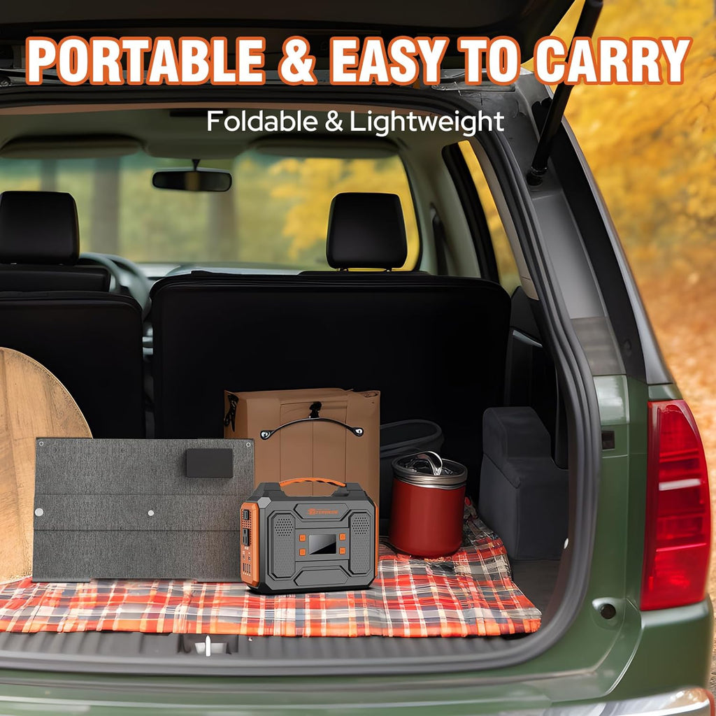 Portable Solar Generator with Panel,300W Portable Power Station with Foldable 60W Solar Panel, 110V AC Outlet Camping Solar Power Bank Lithium Battery Pack for Home Use RV Outdoor Power Outage