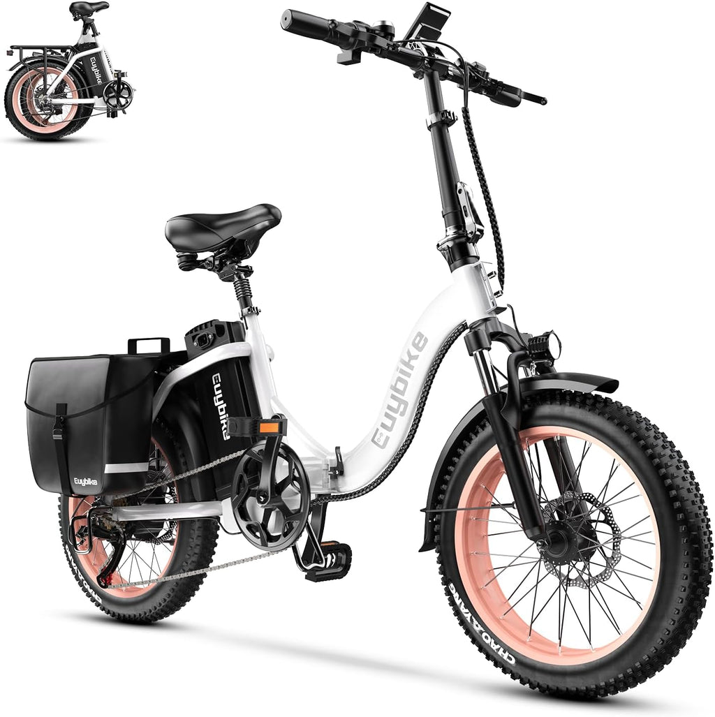 EUYBIKE Folding Electric Bike for Adults with Peak 1000W Motor, 48V 20AH Battery up to 80 Miles, 20' Fat Tire All Terrain Ebike, Front Suspension 7-Speed Commuter E Bike, Step-Thru, UL Certified