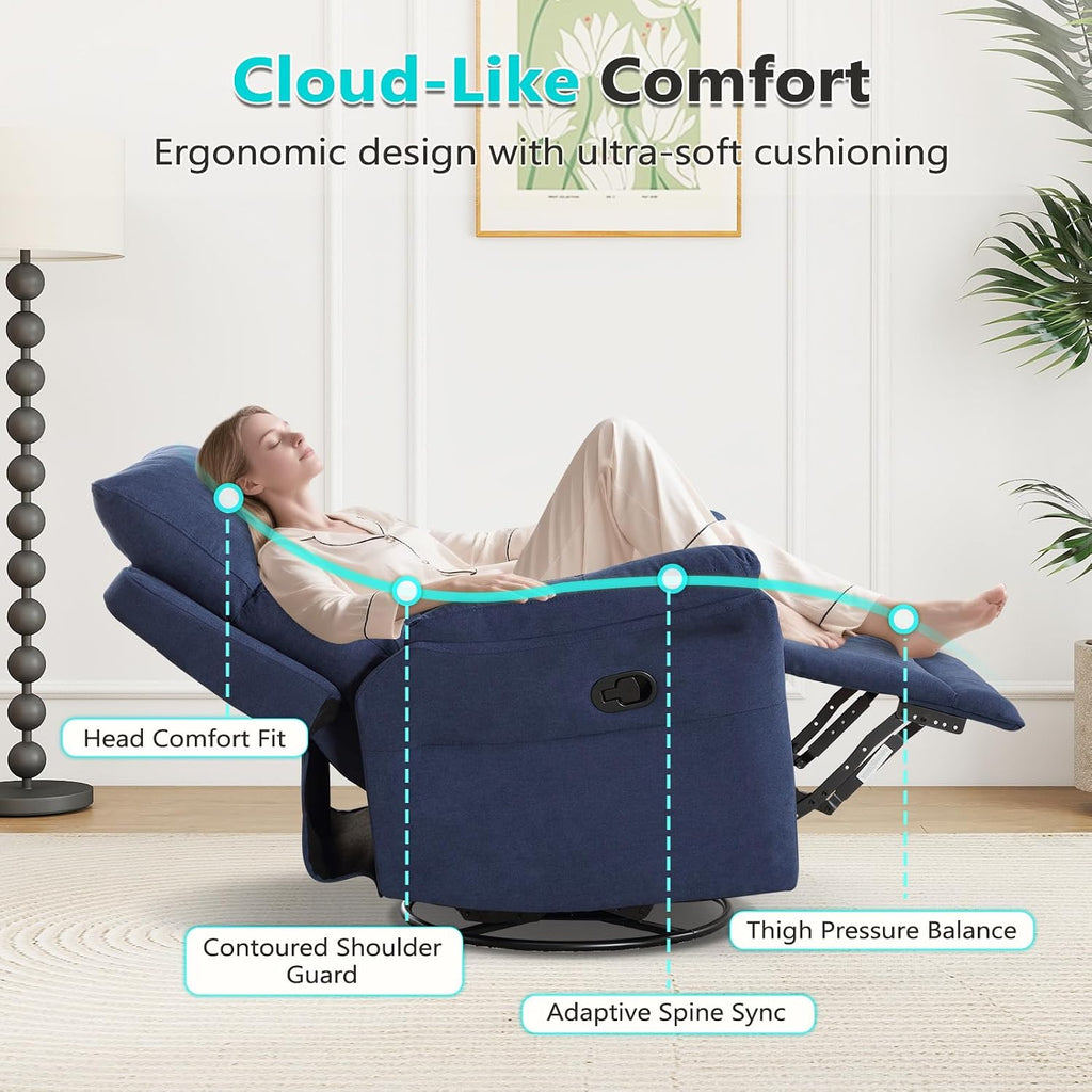 ANJ Swivel Rocker Recliner Chair, Manual Fabric Glider Nursery Recliner Chair, Single Rocking Modern Sofa Home Theater Seating for Living Room, Nursery (Blue)