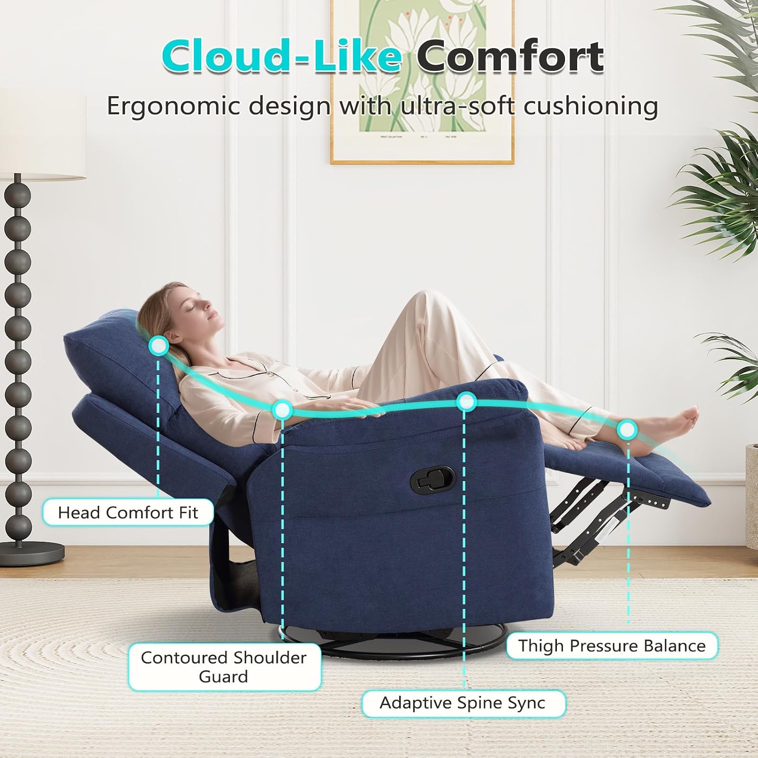 ANJ Swivel Rocker Recliner Chair, Manual Fabric Glider Nursery Recliner Chair, Single Rocking Modern Sofa Home Theater Seating for Living Room, Nursery (Blue)