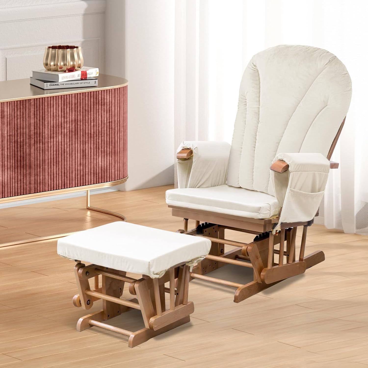 ANMINY 5pcs Glider Rocker Replacement Cushions Set - Thickened Velvet Glider Rocking Chair Cushions with 29 inch High Backrest & Side Pockets for Indoor Nursery, Washable & Non Slip, Beige