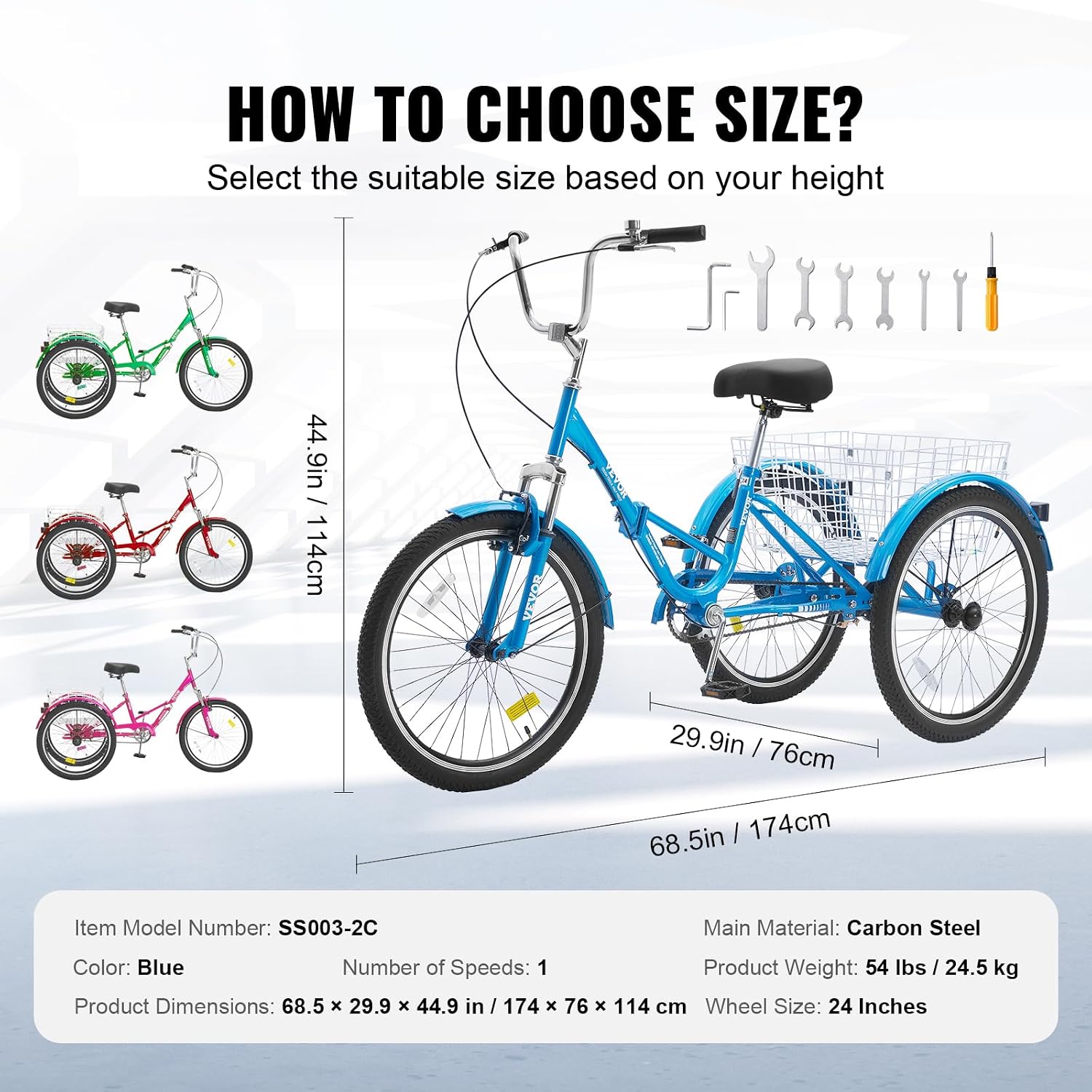 VEVOR Folding Adult Tricycle,Adult Folding Trikes, 3 Wheel Cruiser Bike with Large Basket & Adjustable Seat, Shopping Picnic Foldable Tricycles for Women, Men, Seniors