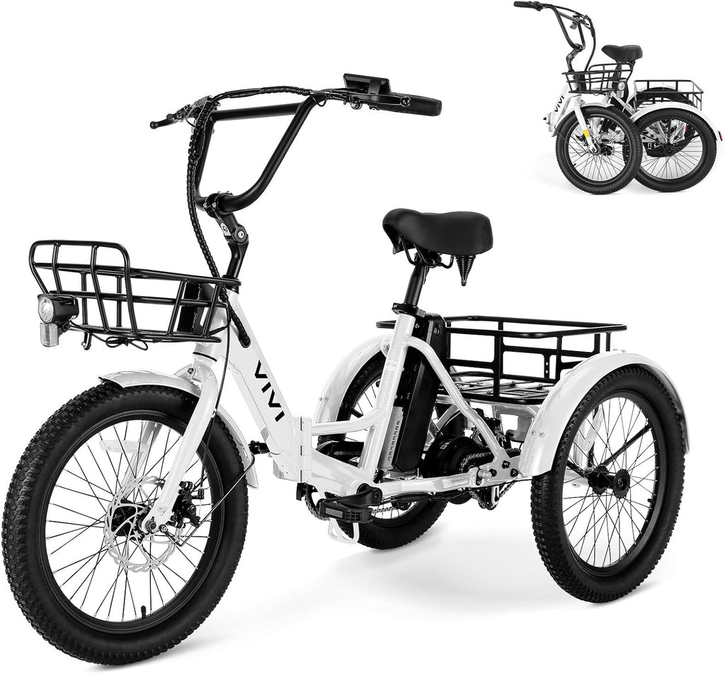 Vivi 750W Peak 20'' Folding 3 Wheels Electric Bicycle Bikes, 48V 10.4Ah Removable Battery Electric Tricycle for Adults, Speed Differential, 15.5MPH Eletric Trike with Bracket
