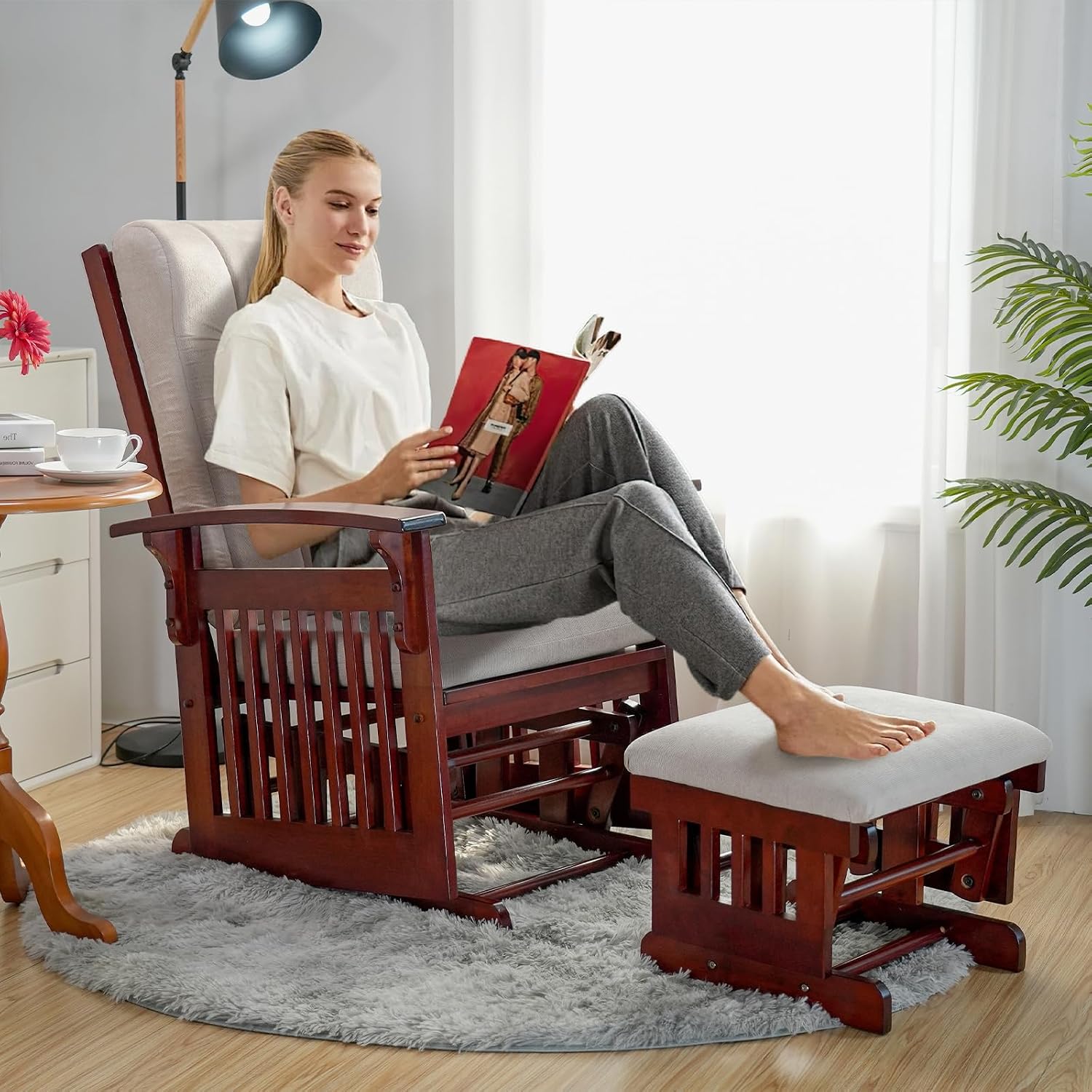 Solid Wood Glider Rocking Chair and Ottoman Set, Rustic Nursery Glider Rocker with Padded Cushion, Smooth Rocking Motion Indoor Living Room Nursing Napping Reading, Reddish Brown+Cream
