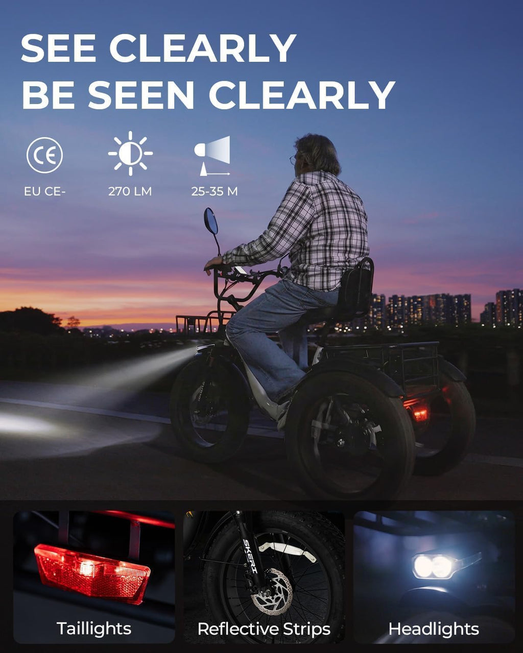 Skeri Electric Tricycle for Adults, 750W(Peak 1350W) Motor Etrike, 20'x4' Folding Fat Tire Electric Trike, 48V13Ah Battery, 3-Wheel Electric Bike, 20MPH, Front & Rear Basket & Differential