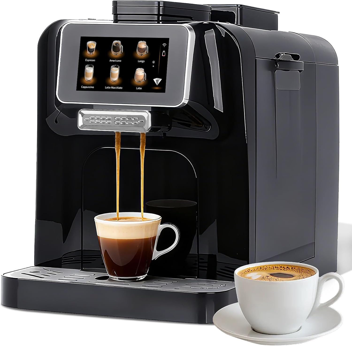 Fully Automatic Espresso Coffee Machine with Milk Cooler 4.3' Touchscreen Dual Heating 11 One Touch Beverages Adjustable Grinder & Milk Frother WiFi Smart Control