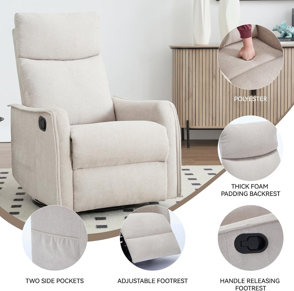 Massage Rocker Swivel Recliner Chair for Adults, Manual Recliner Glider with Lumbar Heating, Technical Flannel Fabric Nursery Glider Rocking Chair with Vibration Massage for Living Room - Beige