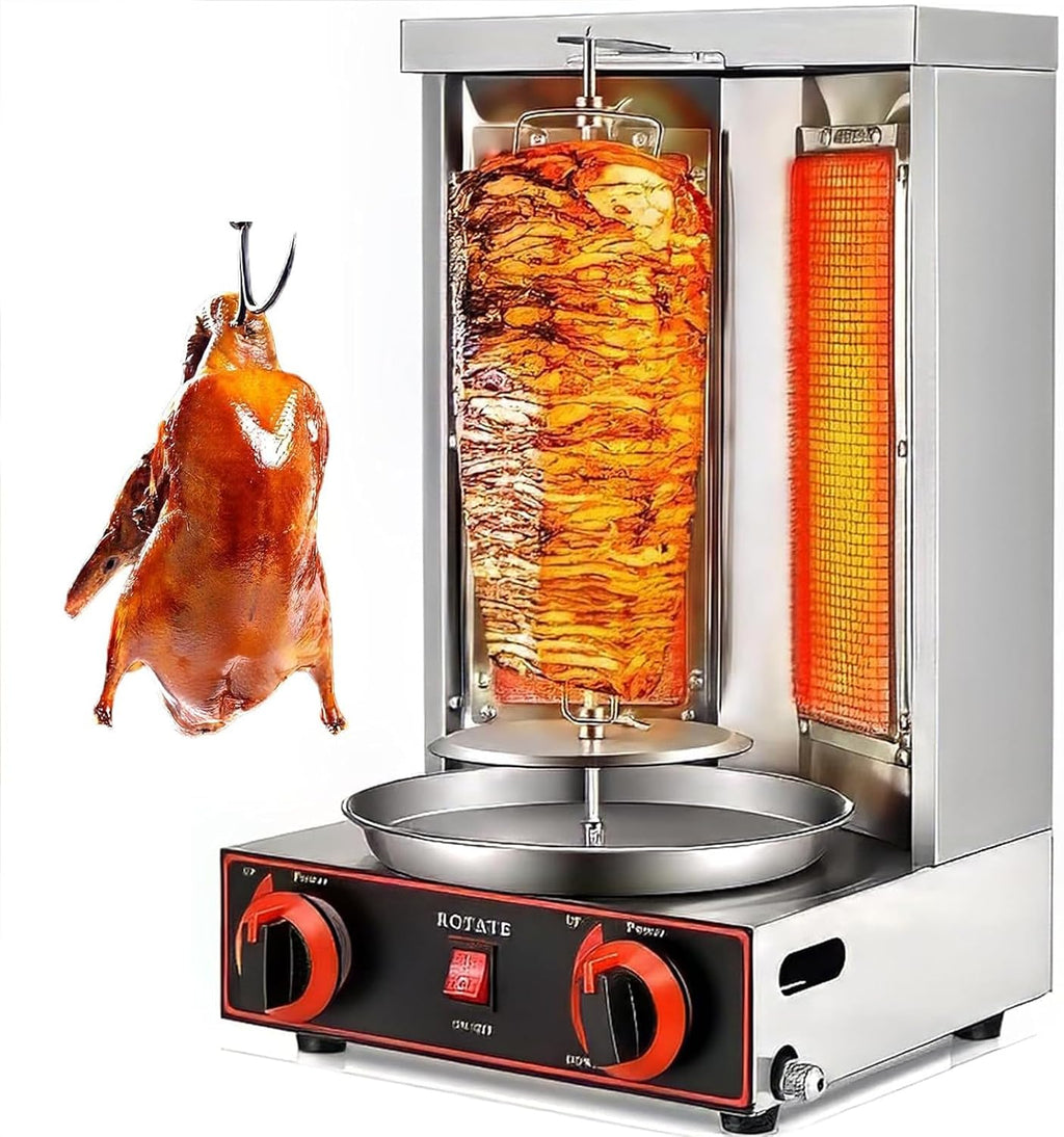 Electric Kebab Grill Vertical Broiler Gyro Meat Rotisserie with Burners, Temperature Adjustment 50-350℃, Ideal for Commercial and Home Use(Silver-M)