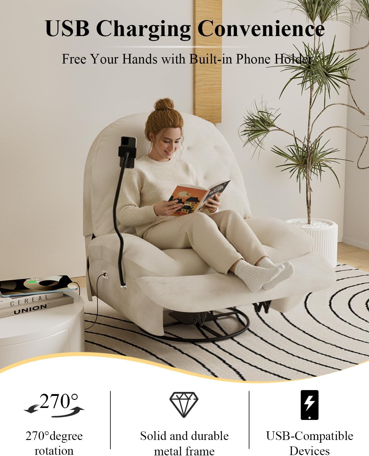Oversized Power Swivel Glider Recliner Chair for Adults, Zero Gravity Recliner Comfy Breathable with USB Charger and Phone Holder, 270° Electric Nursery Rocker Chair for Living Room Bedroom