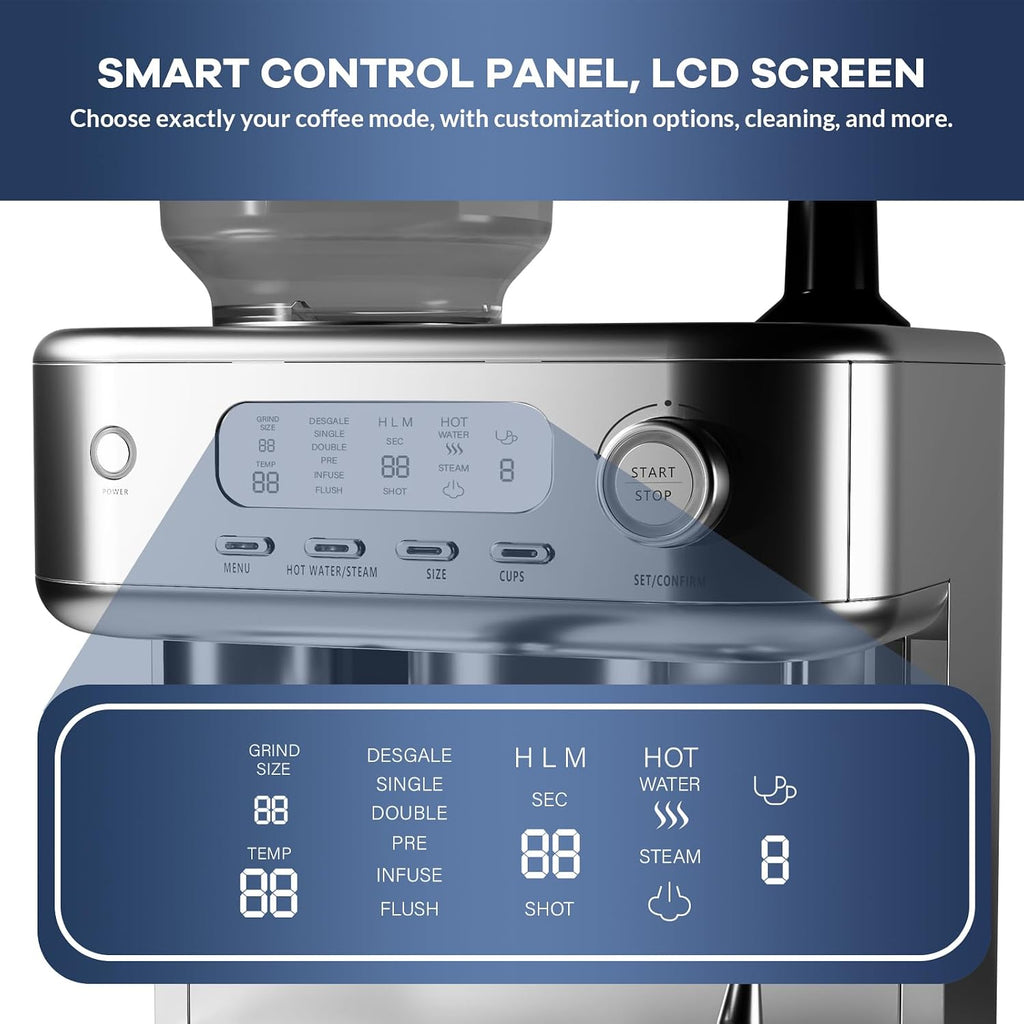 GarveeHome Semi-Automatic Espresso Machine, Coffee Machine with Grinder and Steam Milk Frother, LCD Smart Screen Espresso Maker with 78 oz Removable Water Tank for Cappuccinos and Lattes