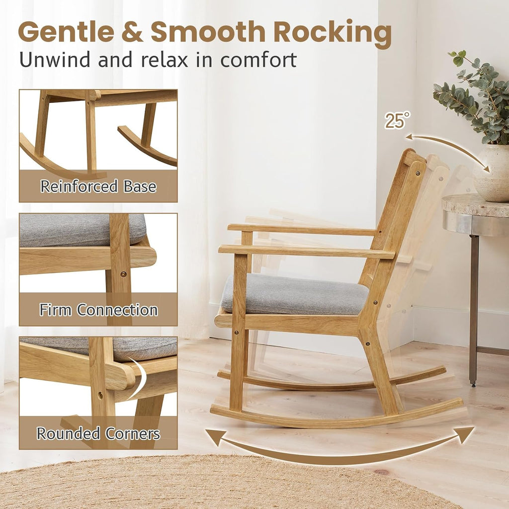 Giantex Rocking Chair with Cushion, Solid Rubber Wood Rocker w/Slatted High Back & Padded Seat, Indoor Rustic Accent Armchair for Living Room, Bedroom, Study, Nursery, Patio, Natural (1)