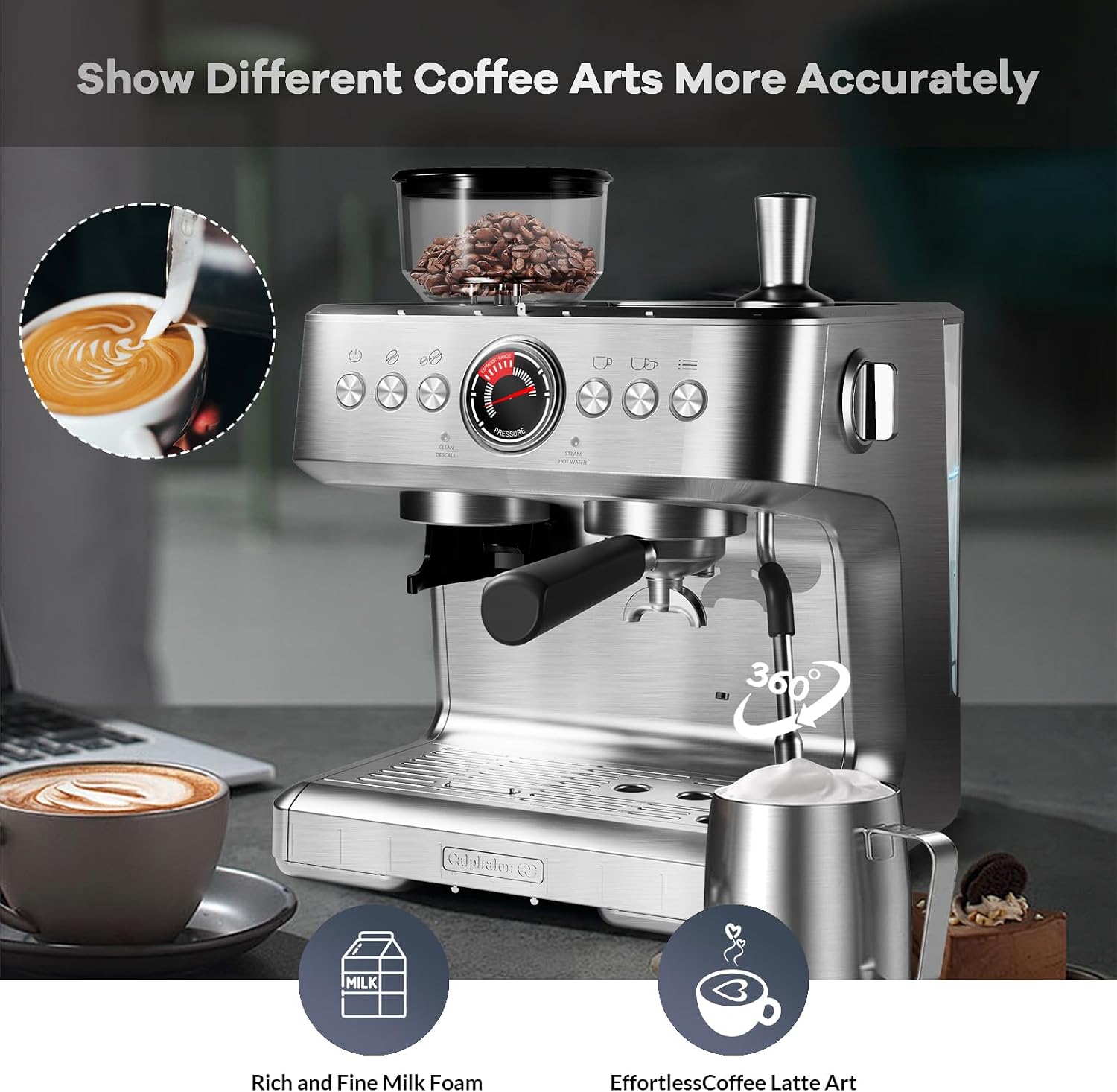 GarveeHome Espresso Coffee Machine, 20 Bar Professional Coffee Maker with Grinder and Milk Frother Steam Wand, 2.8 L Water Tank, 15 Grinding Setting Espresso Cappuccino/Latte Machine for Home