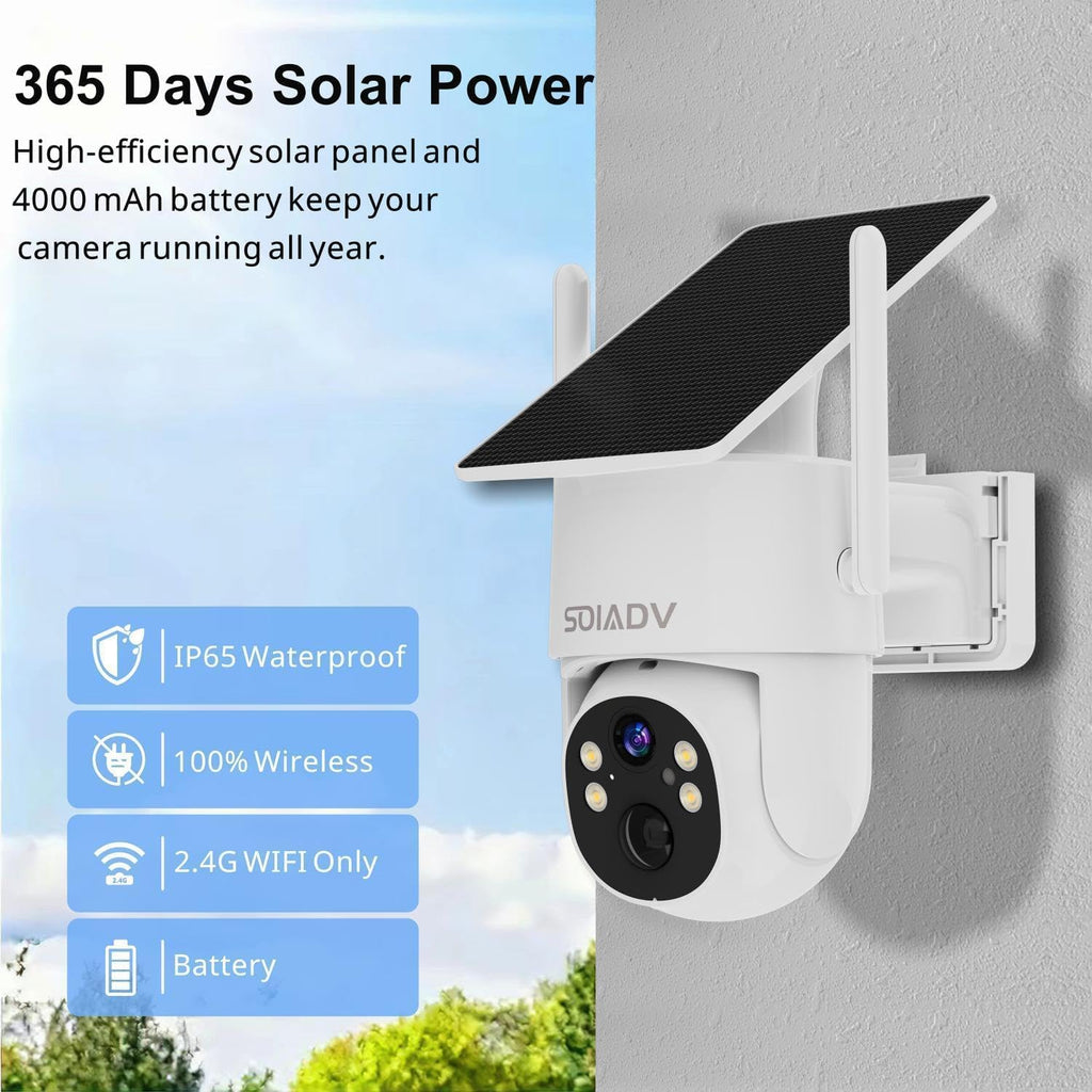 SOIADV 4Pack Solar Security Camera Wireless Outdoor with 360°View, 2K Color Night Vision, PTZ Camera for Home Security, Battery Powered, Two Way Audio, Motion Detection, PIR Alarm, IP65 Weatherproof