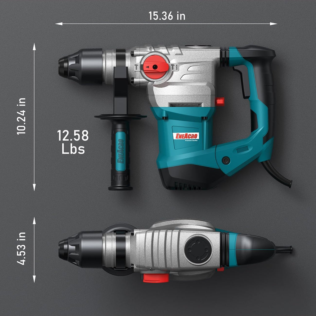 ENEACRO 1-1/4 Inch SDS-Plus 13 Amp Heavy Duty Rotary Hammer Drill, Safety Clutch 4 Functions with Vibration Control Including Grease, Chisels and Drill Bits with Case