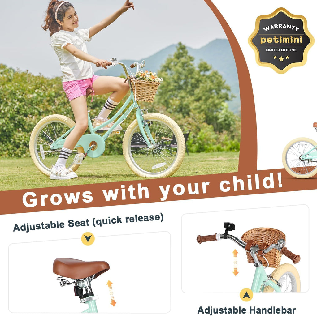 Petimini Vintage Kids Bike for Girls, 12–20 Inch Classic Bicycle with Wicker Basket & Bell, High Tensile Steel Frame, Training Wheels (12–18'), 85% Pre-Assembled, Retro Bike for Outdoor Riding