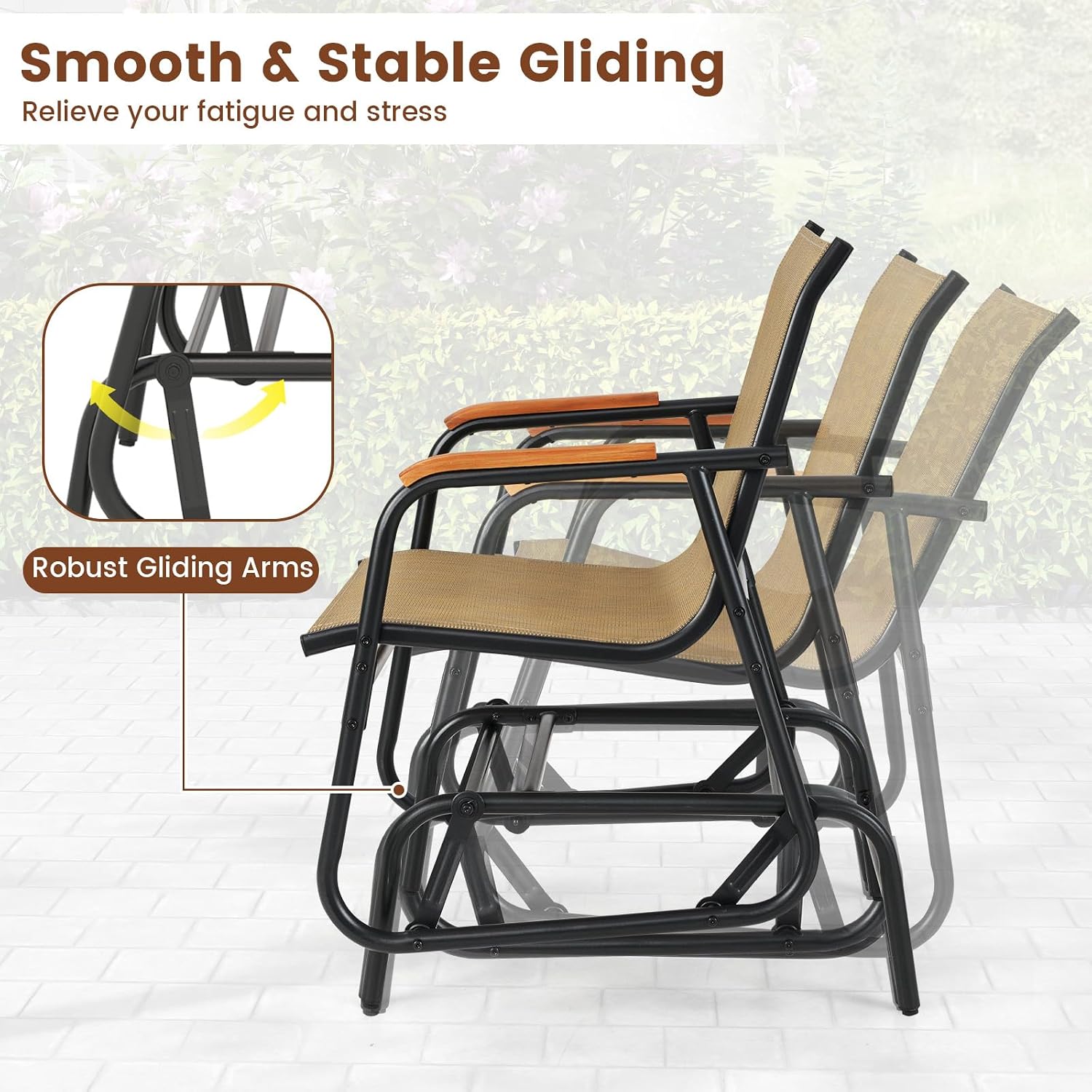 Tangkula Patio Glider Chair, Swing Gliding Armchair w/Curved Teak Armrests & Breathable Fabric Seat, Outdoor Metal Frame Rocking Chair Set for Porch, Backyard, Poolside (2 Pack)