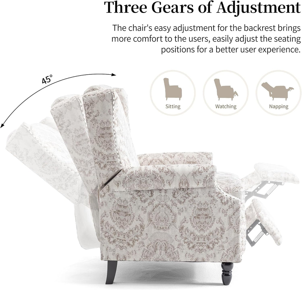 Wingback Recliner Chairs, Comfy Fabric Pushback Recliner Chair, Upholstered Armchair Push Back Recliner, Rivet Trim Single Sofa Accent Chair with Wood Legs for Living Room, Set of 2, Beige