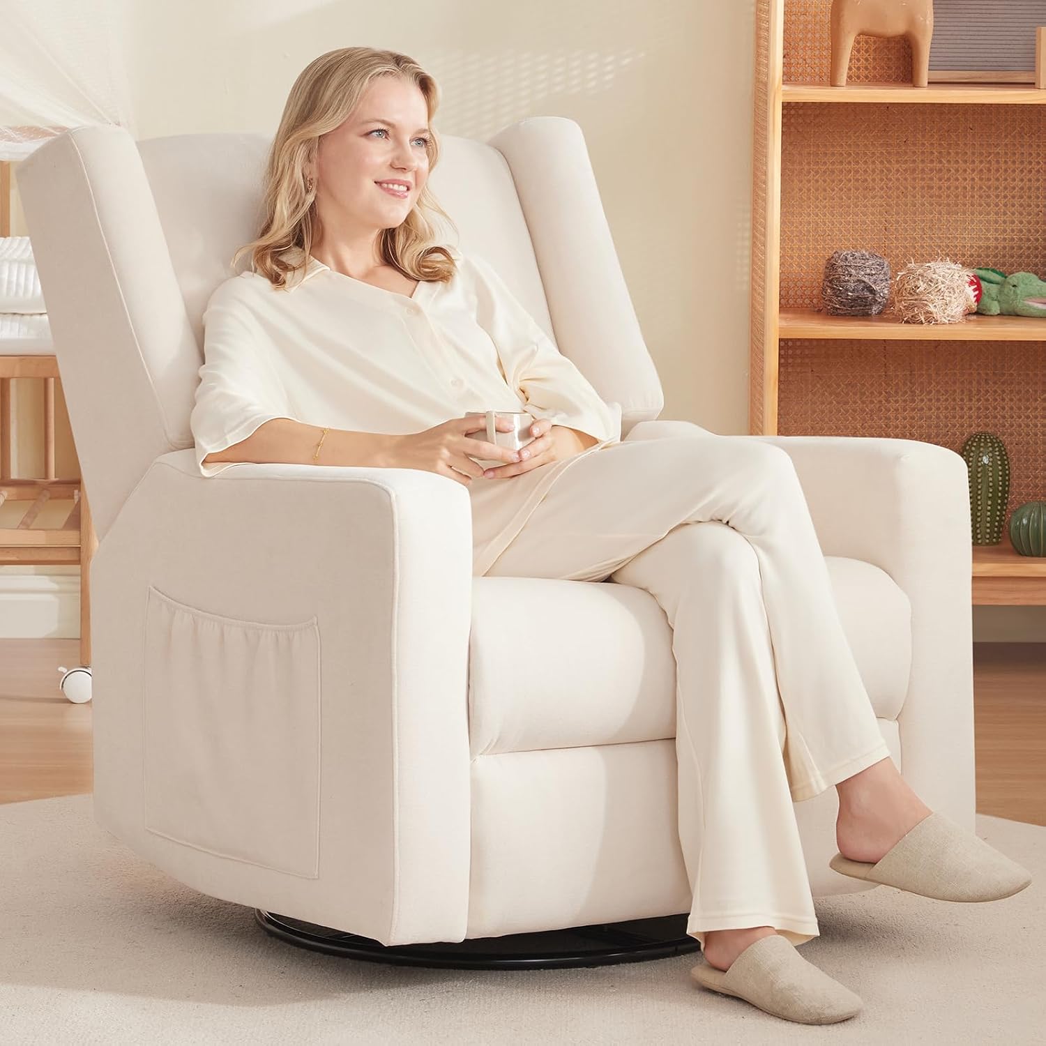 Tbfit 360° Swivel Recliner Chair, Nursery Rocking Chair with Lumbar Support & Footrest for Bedroom, Comfy Upholstered Armchair with Pillows & Storage Bag for Living Room (Beige, Hidden Ring Handle)