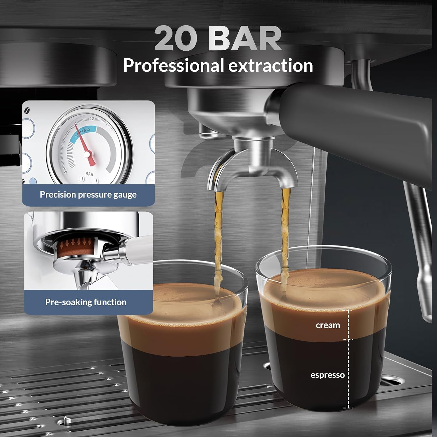 GarveeHome Espresso Coffee Machine, 20 Bar Professional Coffee Maker with Grinder and Milk Frother Steam Wand, 2.8 L Water Tank, 15 Grinding Setting Espresso Cappuccino/Latte Machine for Home