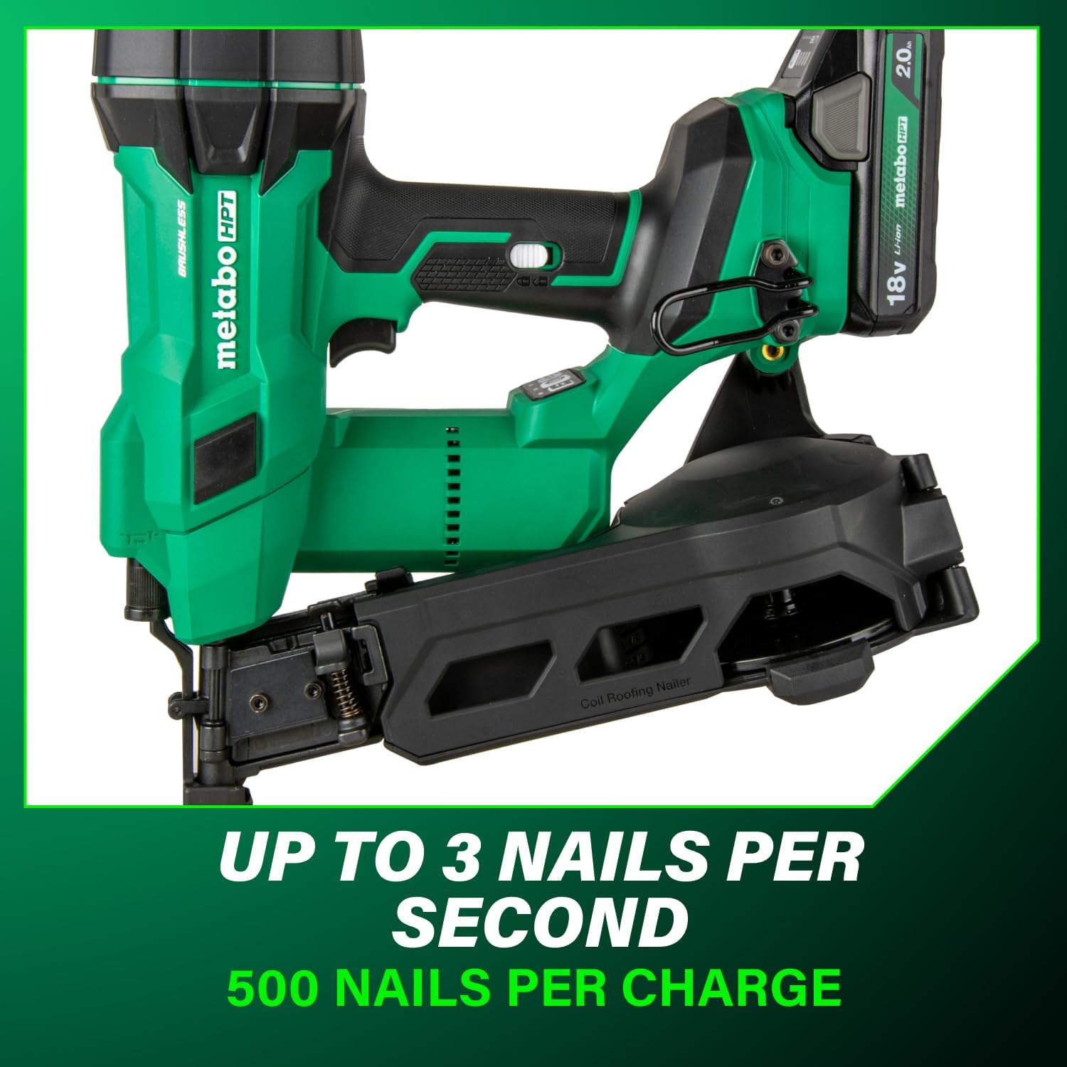 Metabo HPT 18V MultiVolt Brushless Cordless Coil Roofing Nailer Kit, 1-3/4' Coil Roofing Nailer with Power Tool 2.0Ah Lithium Ion Battery, Drives 7/8' to 1-3/4' Nails, NV1845DA