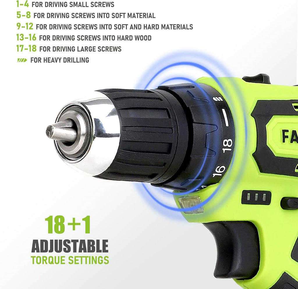 FASTPRO 232-Piece Home Tool Set with Drill, 20V Cordless Drill Driver, Household Repairing Tool Kit with Drill, 12-Inch Wide Mouth Storage Tool Bag Included, Green