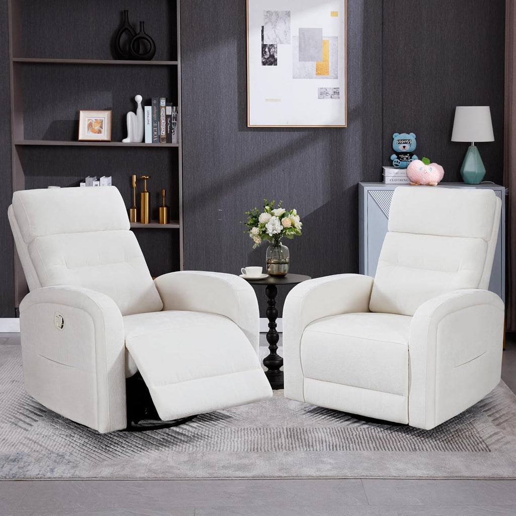 Swivel Rocker Recliner for Nursery, Upholstered Swivel Recliner Chairs, Glider Rocking Chairs Nursery Recliner, White Reclining Rocking Chairs for Living Room, Bedroom, Chenille Fabric