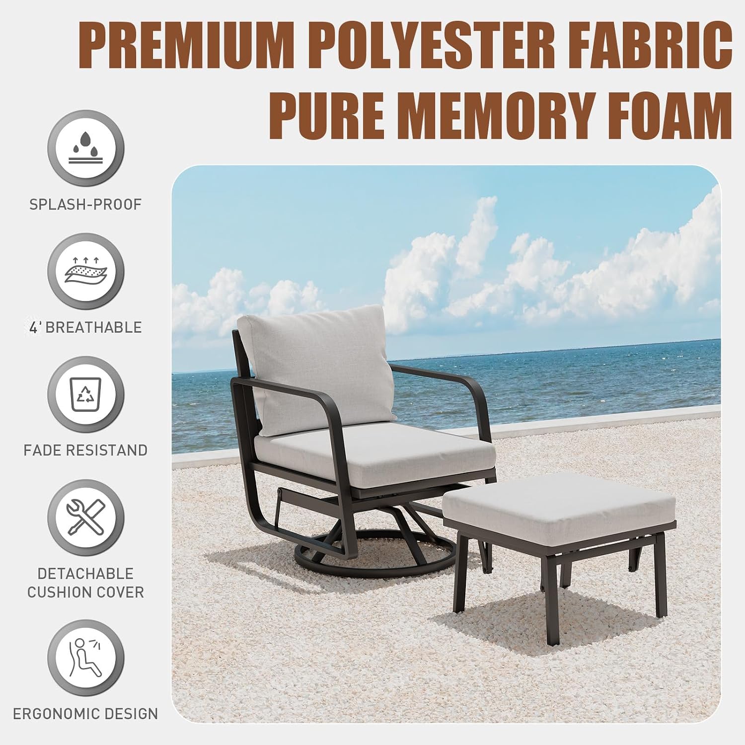 Outlux Patio Glider Swivel Rocker Sets: 4Pieces Aluminum Alloy Ensemble with 360° Swivel Rocking Glider Chairs, Rust-Resistant Frame Gray Cushions -Perfect for Decoration (2 Glider Chairs& 2Ottomans)
