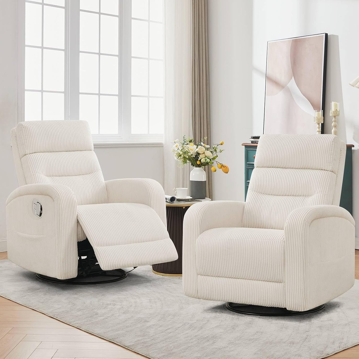 Swivel Rocker Recliner Glider Rocking Chair for Nursery, Corduroy Recliner with Chunky Cushion, Manual Swivel Recliner Chair for Living Room, Bedroom, Nursery(White)