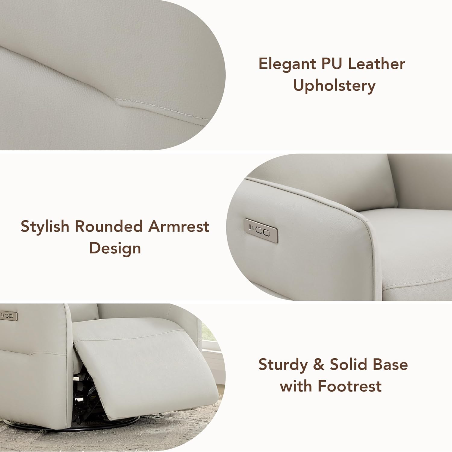 CHITA Faux Leather Power Recliner Chair, Swivel Glider Recliner for Adults, Nursery Rocking Chair with USB & Type-C Charging for Living Room, Bedroom, Creamy Grey