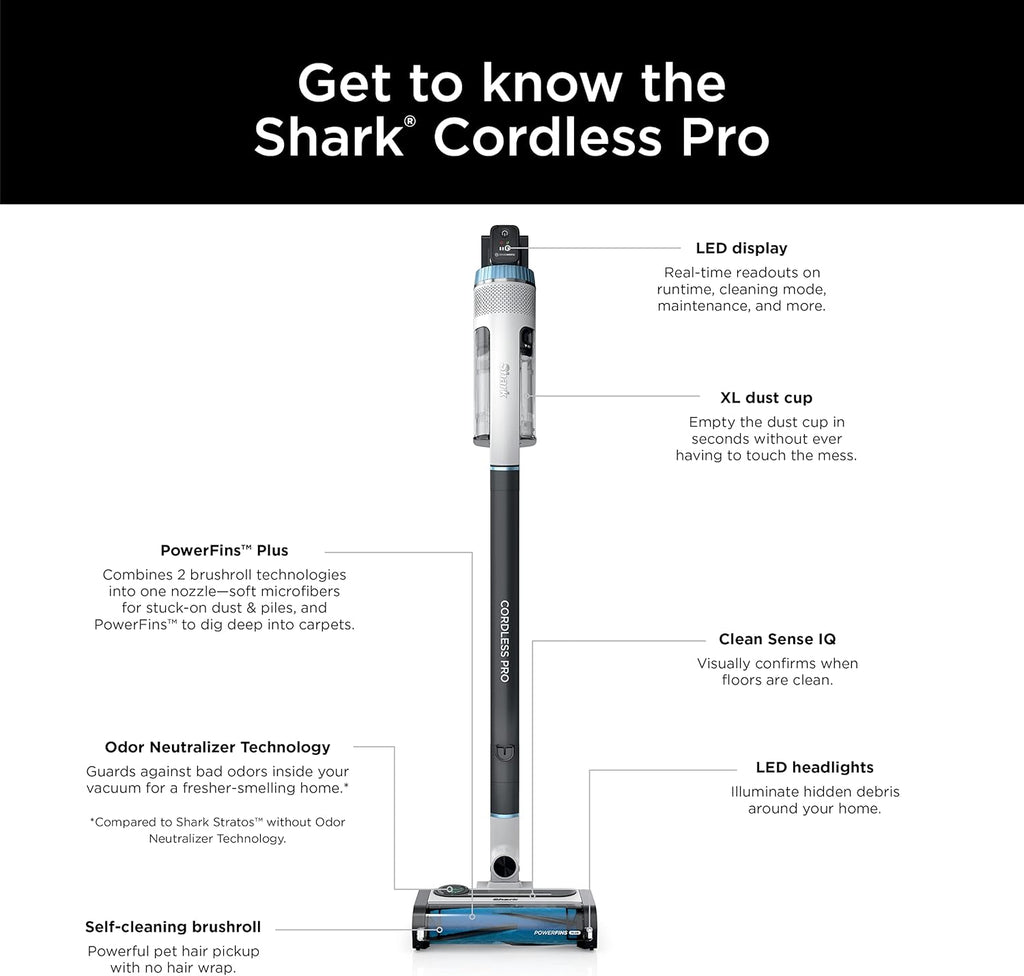 Shark Cordless Pro Vacuum with Clean Sense IQ and Odor Neutralizer, PowerFins Plus Brushroll, Includes Duster Crevice Tool, Up to 40 Minute Runtime, Without MultiFLEX, IZ562H